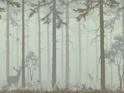 Фотошпалери Олені у туманному лісі