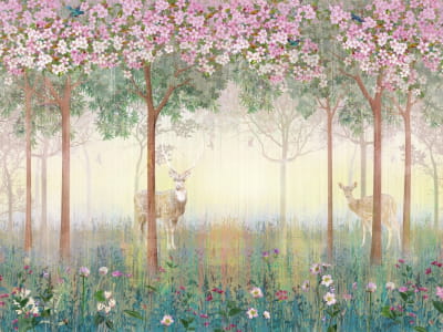 Фотообои Олени в цветущем лесу