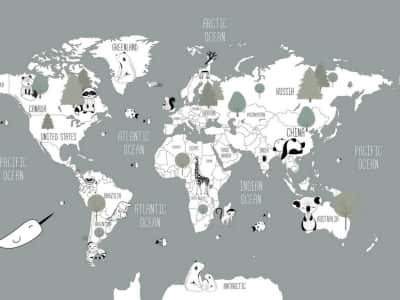Фотошпалери Сіра карта світу з тваринами