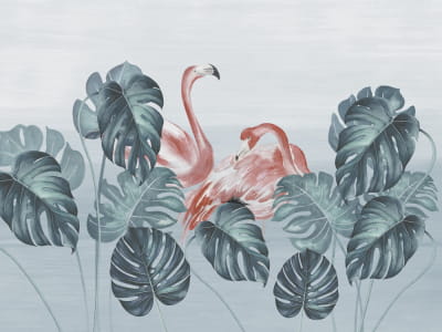 Фотообои Фламинго и листья монстеры