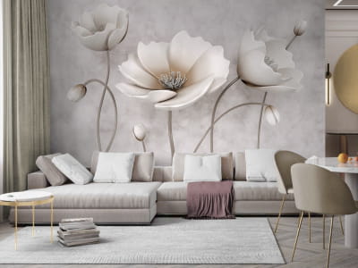 Фотообои Белые маки 3Д ( код: 26282 ) Фотообои Белые маки 3Д