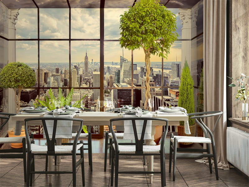 Фотообои Окно с видом на Нью-Йорк в интерьере кухни