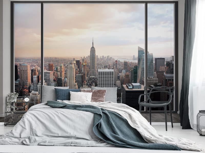 Фотообои Вид из окна на город в интерьере спальни