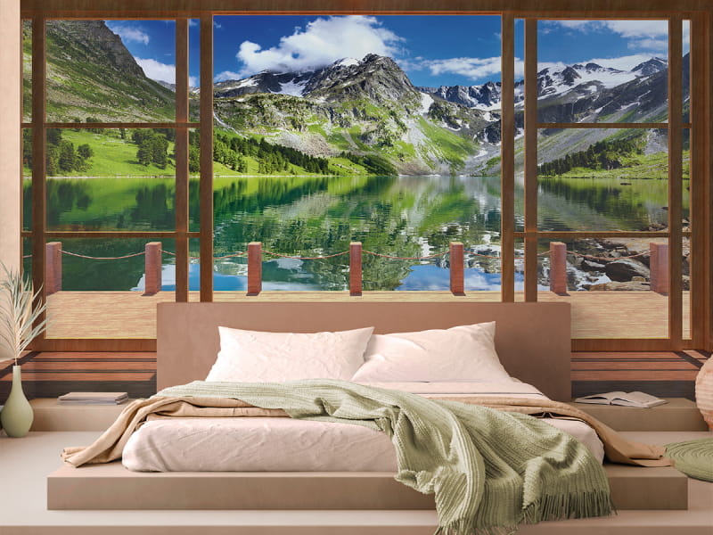 Фотообои Горное озеро в интерьере спальни