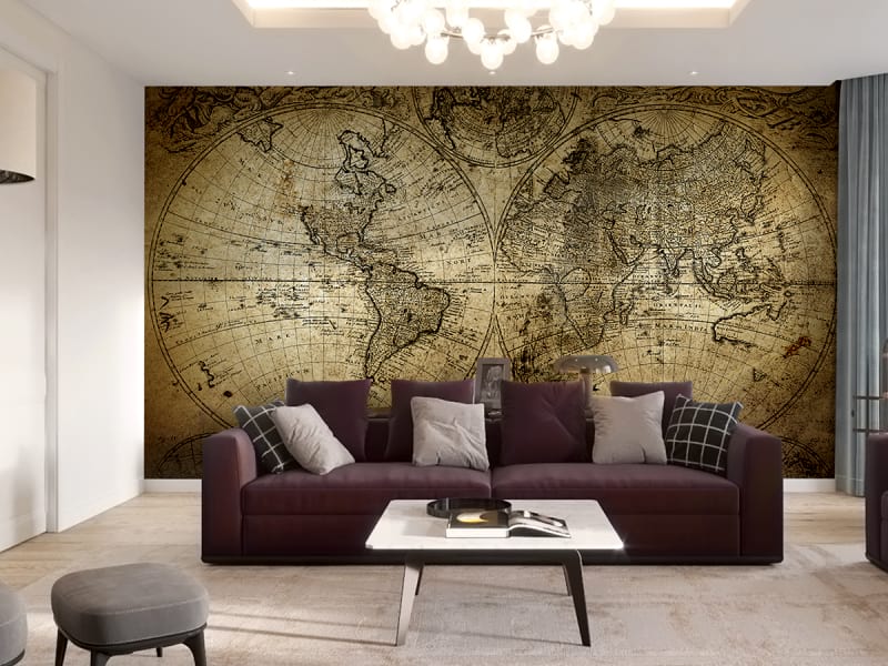 Фотообои Средневековая карта мира в интерьере гостиной