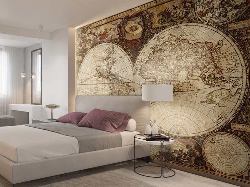 Фотообои Старая карта мира в интерьере спальни