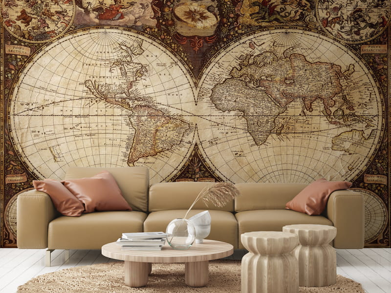 Фотообои Старая карта мира в интерьере гостиной