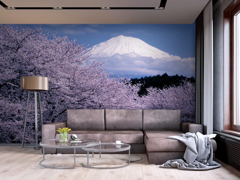 Фотообои Сакура у горы Фудзи в интерьере гостиной