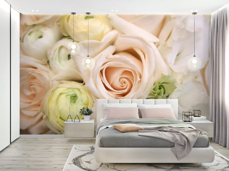 Фотообои Кремовые розы в интерьере спальни