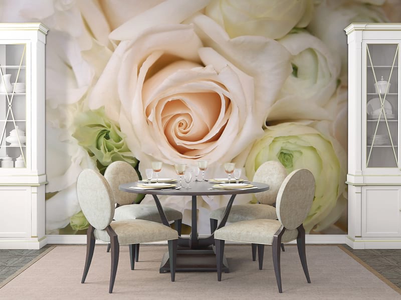 Фотообои Кремовые розы в интерьере кухни
