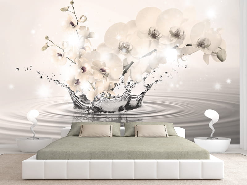 Фотообои 3Д орхидея в интерьере спальни