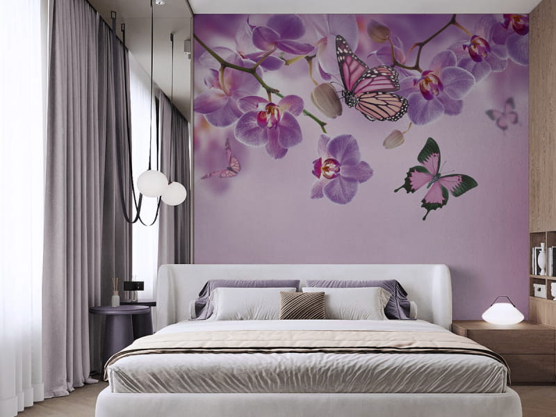 Фотошпалери Орхідеї і метелики в інтер'єрі спальні