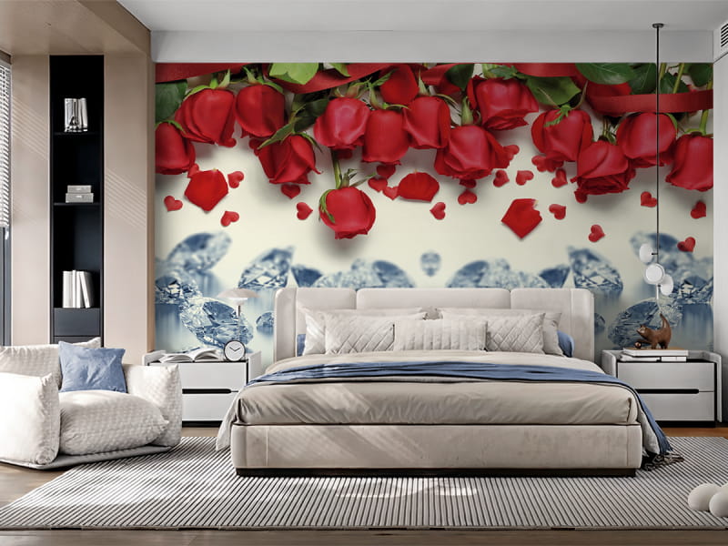 Фотообои Розы и бриллианты в интерьере спальни