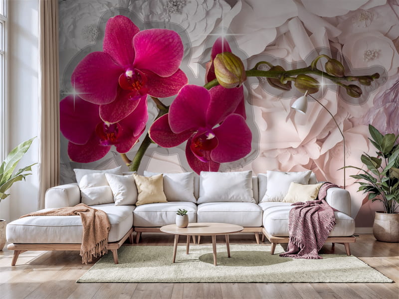 Фотообои Яркие орхидеи в интерьере гостиной