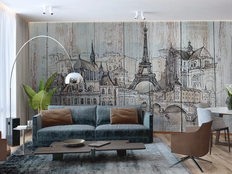 Фотообои Париж рисунок по дереву в интерьере гостиной