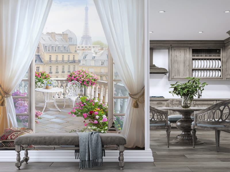 Фотошпалери Париж за вікном в інтер'єрі хола