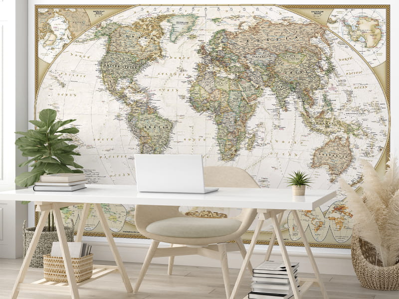 Фотообои Антикварная карта мира в интерьере офиса