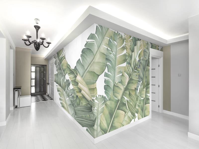 Фотообои Рисунок тропические листья в интерьере холла