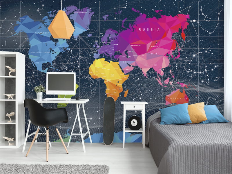 Фотообои Разноцветная карта мира в интерьере подростковой