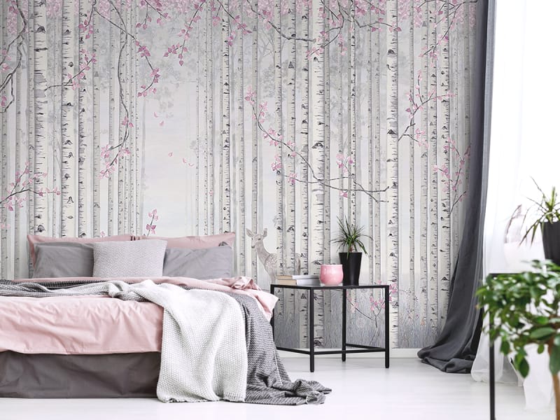Фотообои Берёзы с розовыми листьями в интерьере спальни