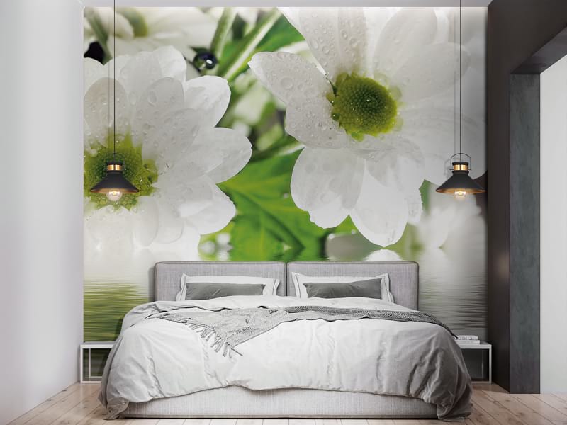 Фотообои Белоснежные цветы в воде в интерьере спальни