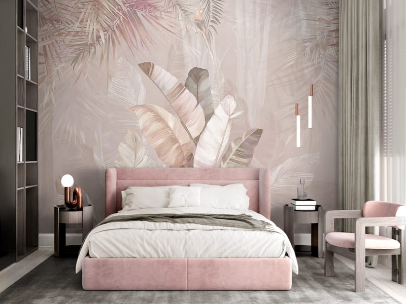 Фотошпалери Блідо-рожеві тропіки в інтер'єрі спальні