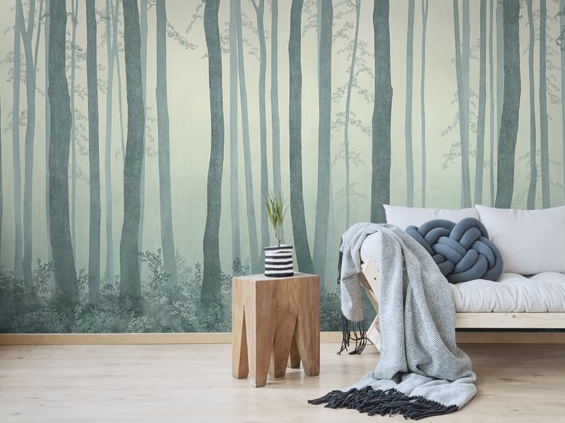 Фотообои Зелёный лес в тумане в интерьере гостиной