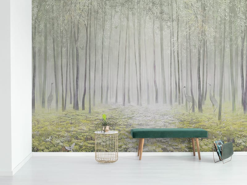 Фотообои Весенний лес в тумане в интерьере холла