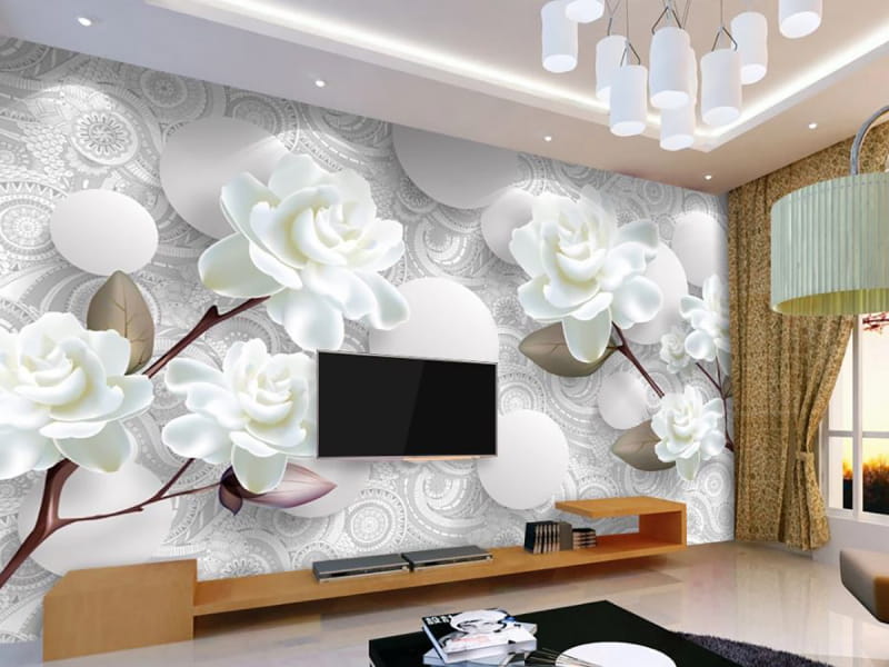 Фотообои Белые цветы и сферы в интерьере гостиной