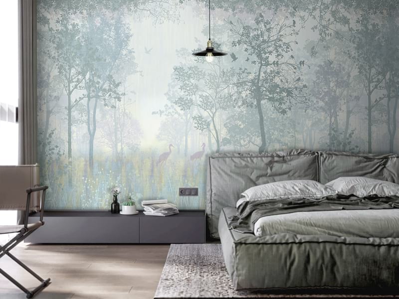 Фотообои Живописный весенний лес в интерьере спальни