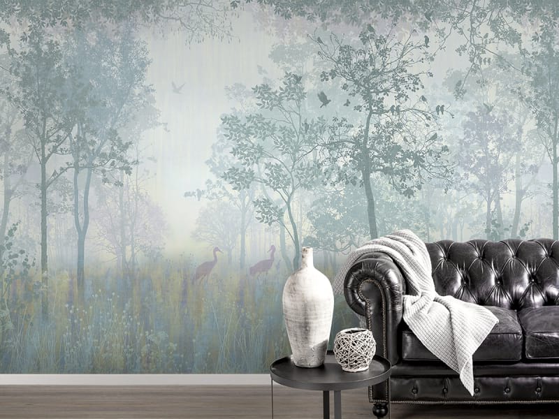 Фотообои Живописный весенний лес в интерьере гостиной