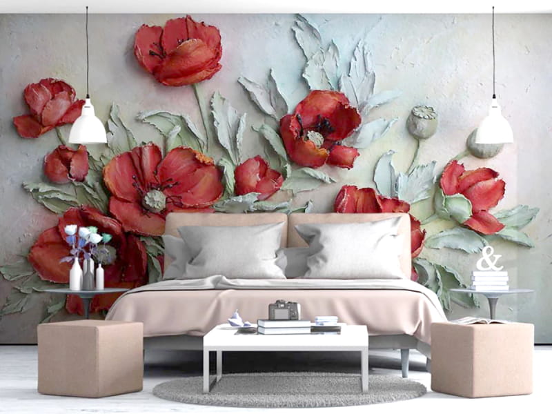 Фотообои Красные цветы в интерьере спальни