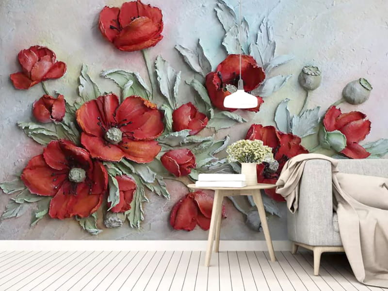 Фотообои Красные цветы в интерьере гостиной