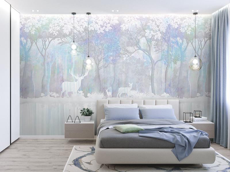 Фотообои Живописный утренний лес в интерьере спальни