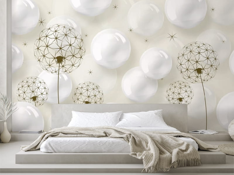 Фотообои Одуванчики и белые сферы в интерьере спальни