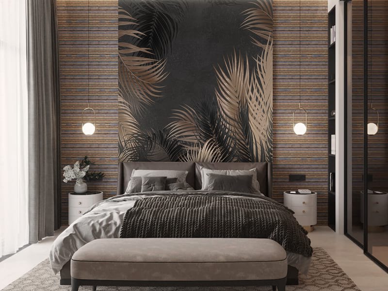 Фотошпалери Темно-золоте листя пальми в інтер'єрі спальні