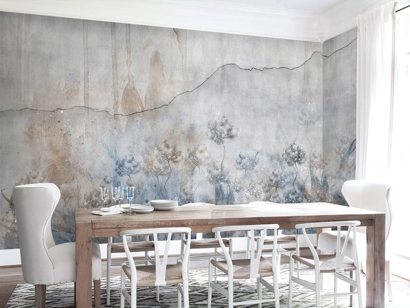 Фотообои Рисунок цветов на стене в интерьере кухни