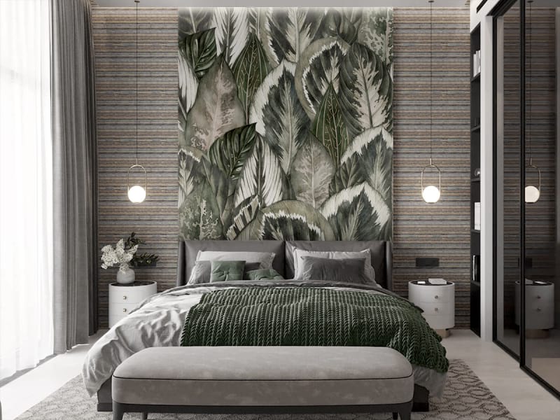 Фотошпалери Ліс із тропічного листя в інтер'єрі спальні