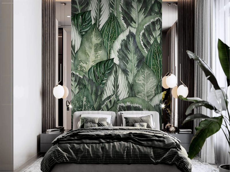 Фотообои Тропические растения в интерьере спальни