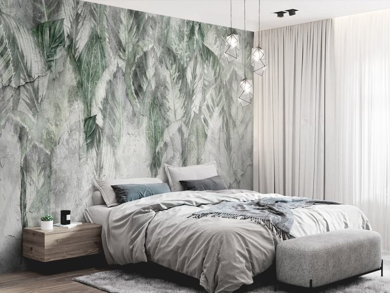 Фотообои Листья на бетонной стене в интерьере спальни