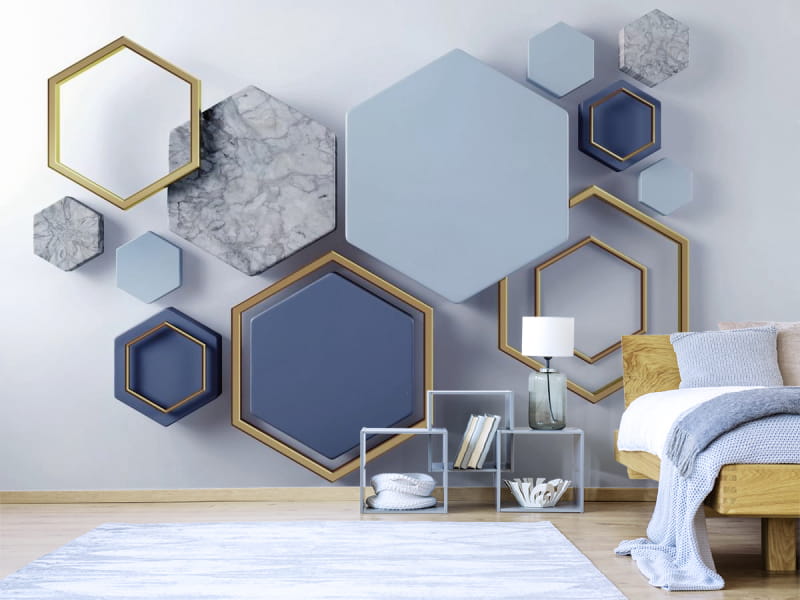 Фотообои Объемные шестиугольники в интерьере спальни