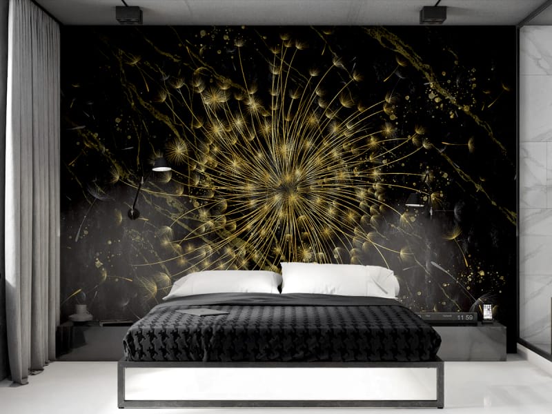 Фотошпалери Золота абстрактна кульбаба в інтер'єрі спальні