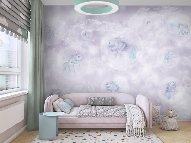 Фотошпалери Рибки на бузковому тлі в інтер'єрі дитячої