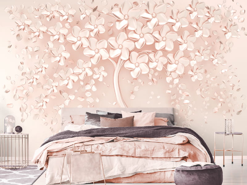 Фотообои Розовое дерево 3Д в интерьере спальни