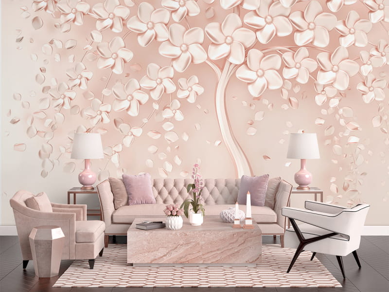 Фотообои Розовое дерево 3Д в интерьере гостиной