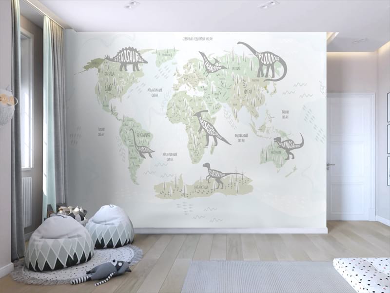 Фотообои Карта мира с динозаврами, РУС в интерьере детской