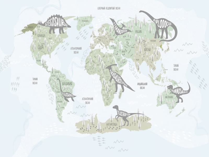 Фотообои Карта мира с динозаврами, РУС