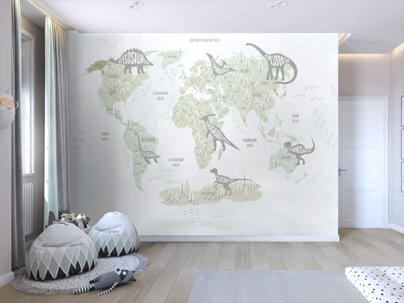 Фотошпалери Карта світу з динозаврами, УКР в інтер'єрі дитячої