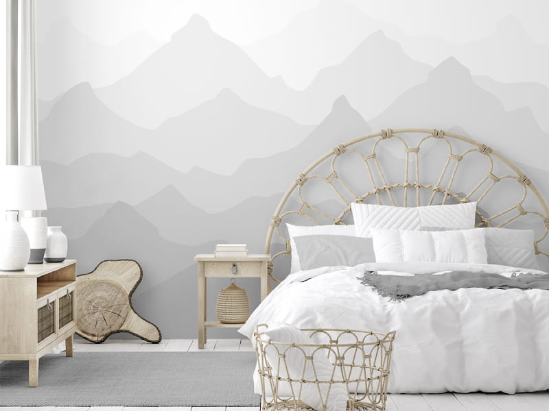 Фотообои Горы нарисованные в интерьере спальни