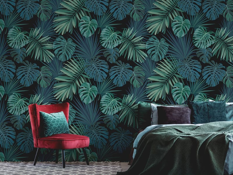 Фотообои Пышные тропические листья в интерьере спальни